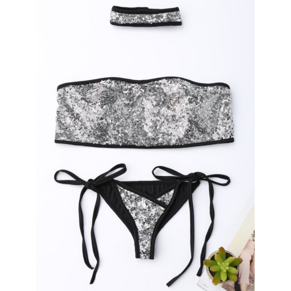 Silver Sequined Strapless Bandeau Bikini w/Choker! - Picture 1 of 1